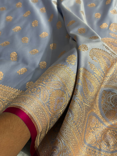 Floral boota Satin katan Silk Saree In Powder Blue Shades SK12