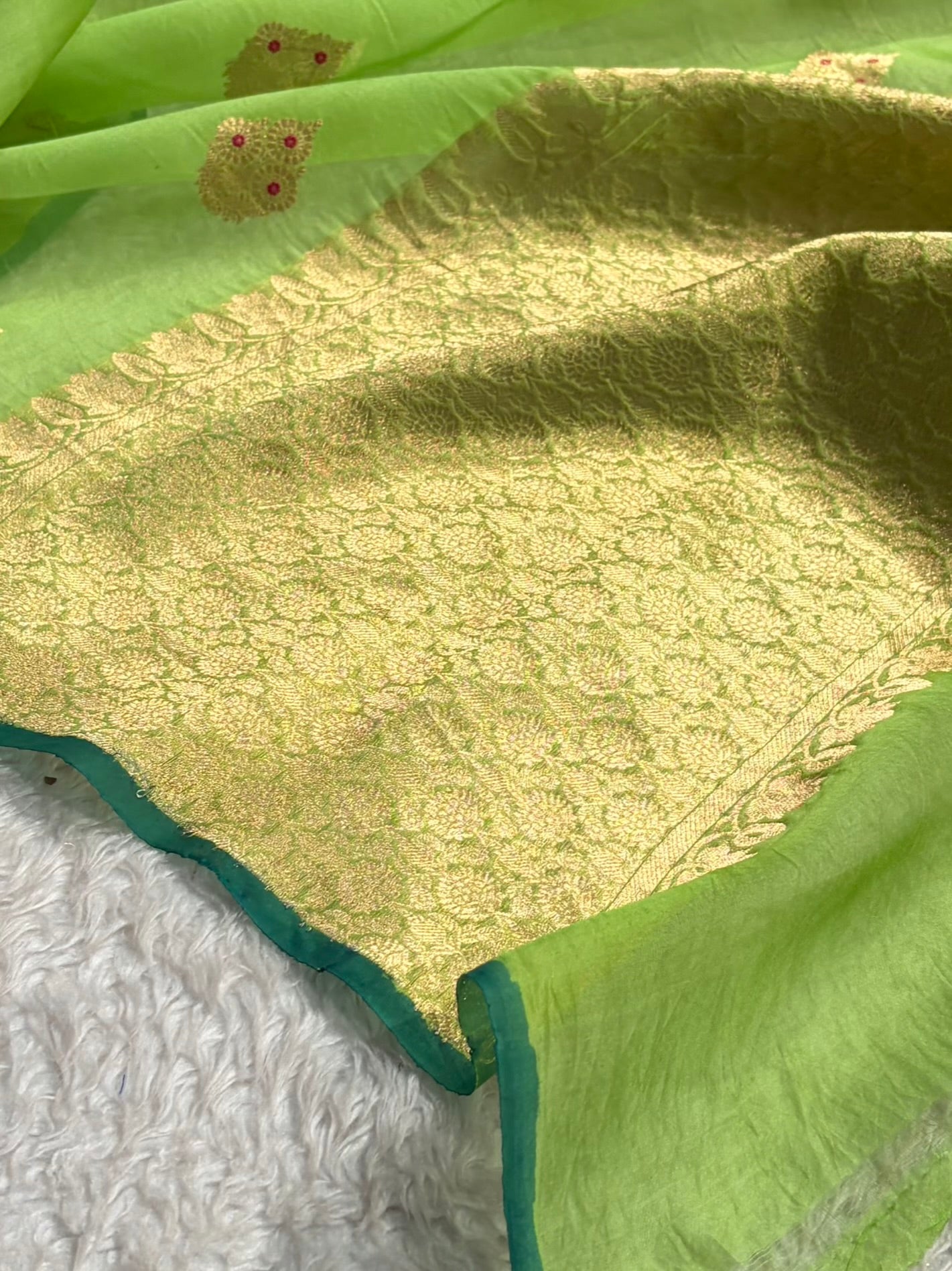 Pure Banarasi Organza Pista Green Shades With Minakari Floral Banarasi Silk Saree PO-30