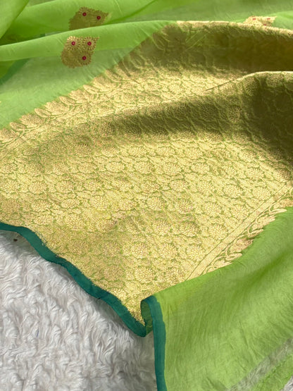 Pure Banarasi Organza Pista Green Shades With Minakari Floral Banarasi Silk Saree PO-30