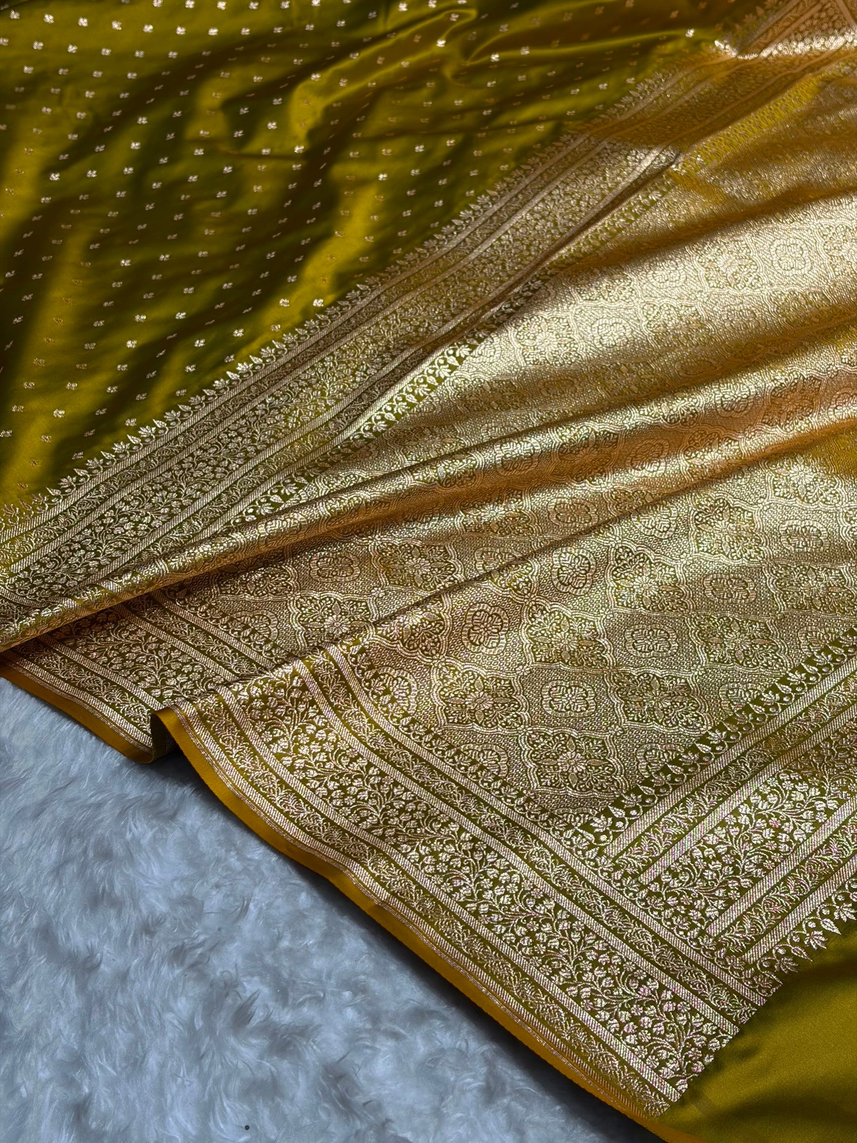 Banarasi Satin Katan Saree in Liril Mehendi Shades SK88