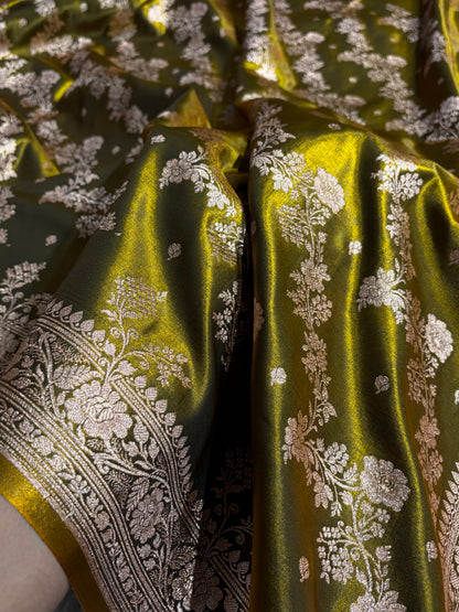 Satin Silk Saree Banarasi Cross with booti In Mehendi Shades SS22