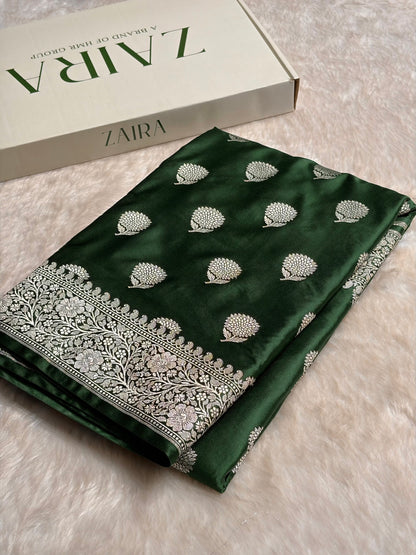 Bottle Green Tree Boota Minakari Mashru Silk Saree MS19