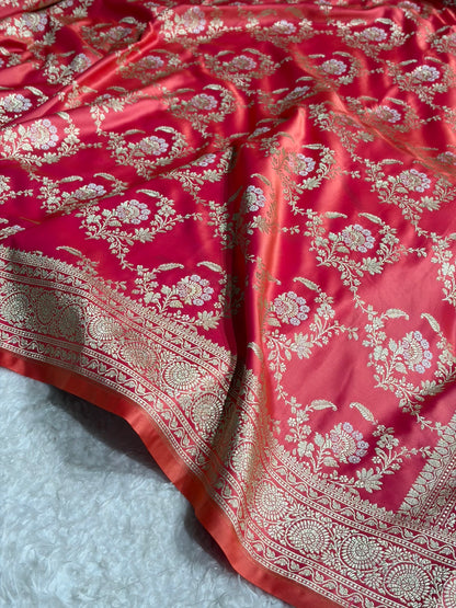 Banarasi Satin Katan Saree With Minakari Jaal Pattern in Gajiri Shades SK126