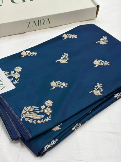 German Blue Shade With Booti Pattern Mashru Silk Saree