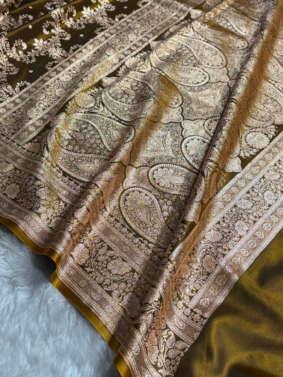 Mehndi Shades Jaal Pattern Banarasi Satin Silk Saree SS49