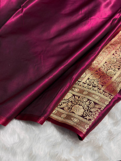 Satin Silk Saree Treditional Swarovski Work Floral Boota in Wine Shades BSS27