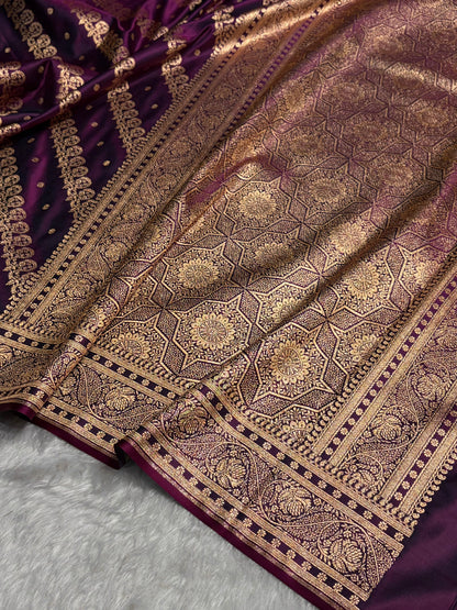 Wine Shades Cross Floral Pattern Satin Katan Silk Saree SK79