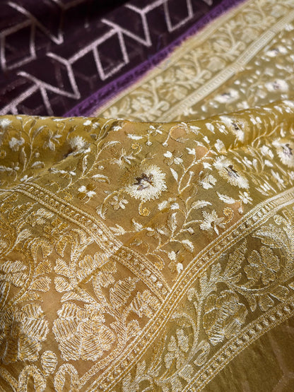 Banarasi Pure Organza Contrast Chocolate With Yellow Shades Banarasi Silk Saree PO-43