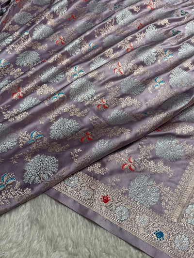 Banarasi Floral Minakari Jaal Pattern in Dusty Lavender Shades Floral Mashru Silk Saree MCS100