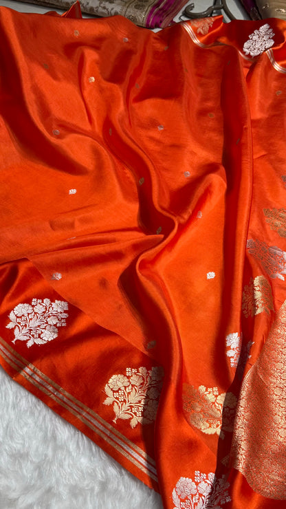 Orange Shades Meena Boota Handwoven Pure Katan Raw Mango Silk RM-01