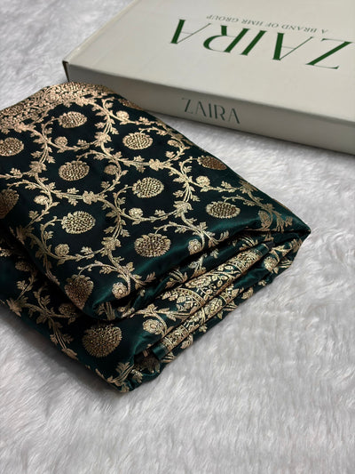 Dark Bottle Green Swarovski Work Jaal Pattern Satin Silk Saree BSS15