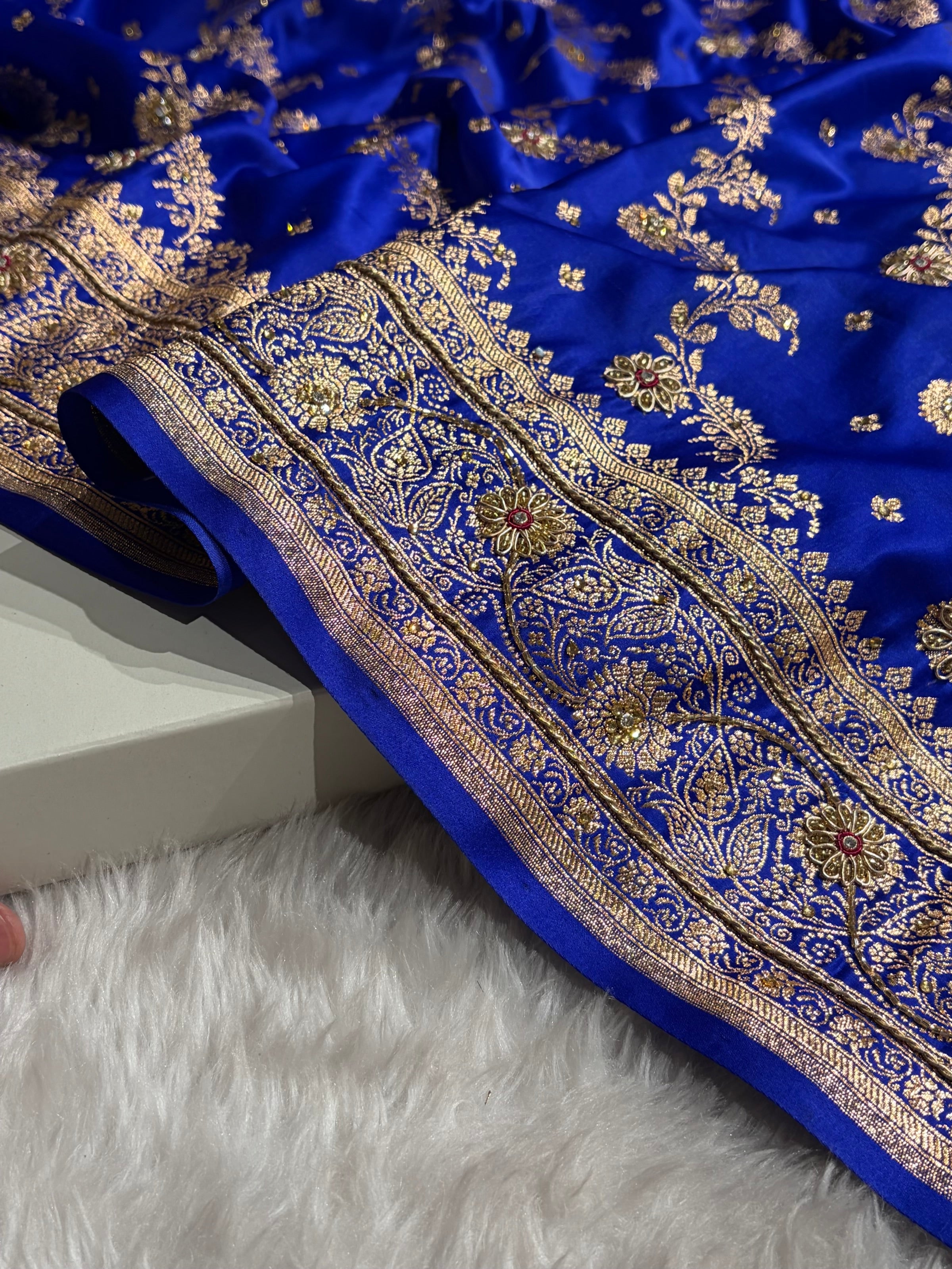 Banarasi Satin Katan Saree With Ari Zardozi Work Jaal Pattern in Royal Blue Shades BSK121