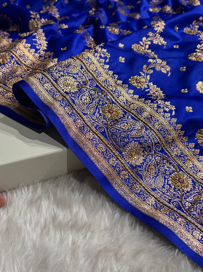 Banarasi Satin Katan Saree With Ari Zardozi Work Jaal Pattern in Royal Blue Shades BSK121