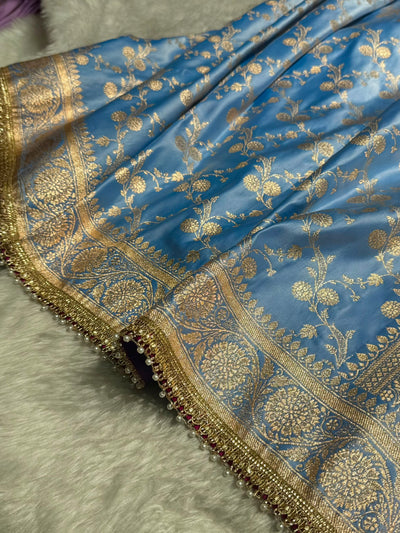 Nile Blue Cross With Gotta Patti Satin Katan Silk Saree SKGP17