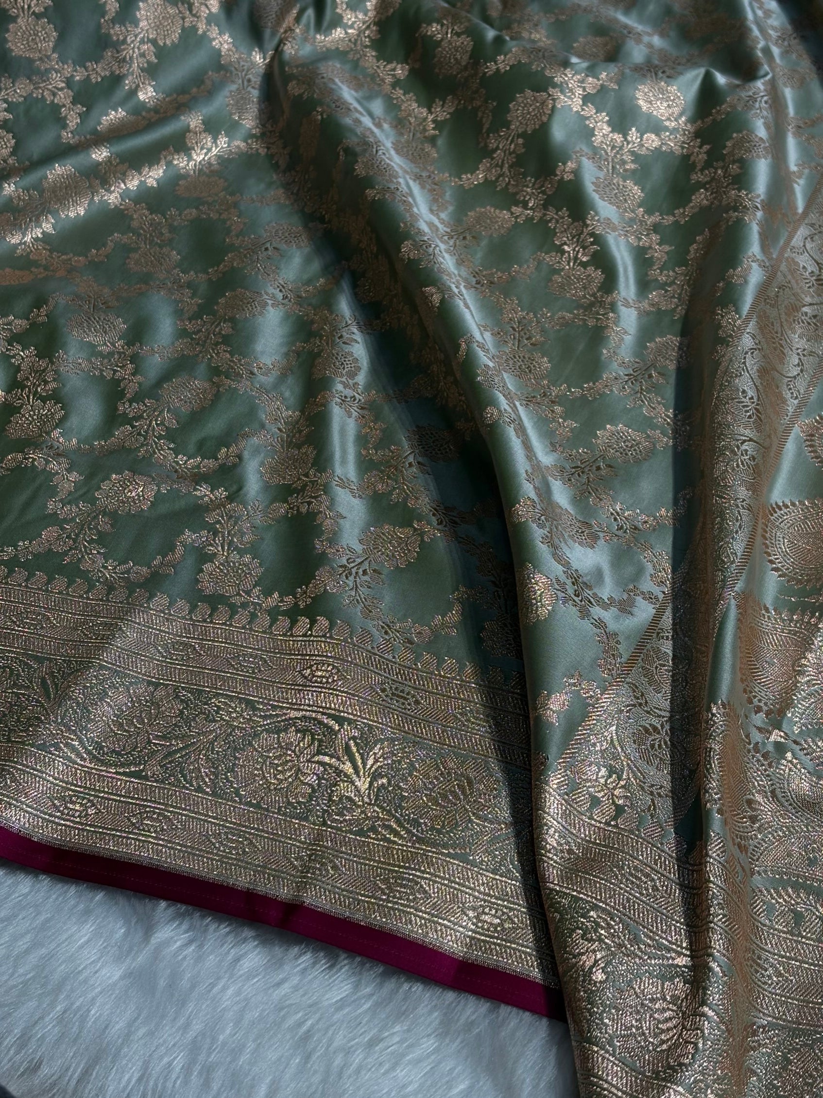 Light Green Jaal Pattern Satin Katan Silk Saree SK25
