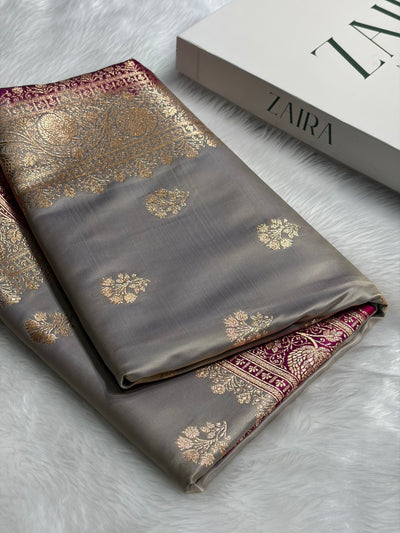 Cross Grey - Rani Banarasi Boota Katan Silk Saree SKM29