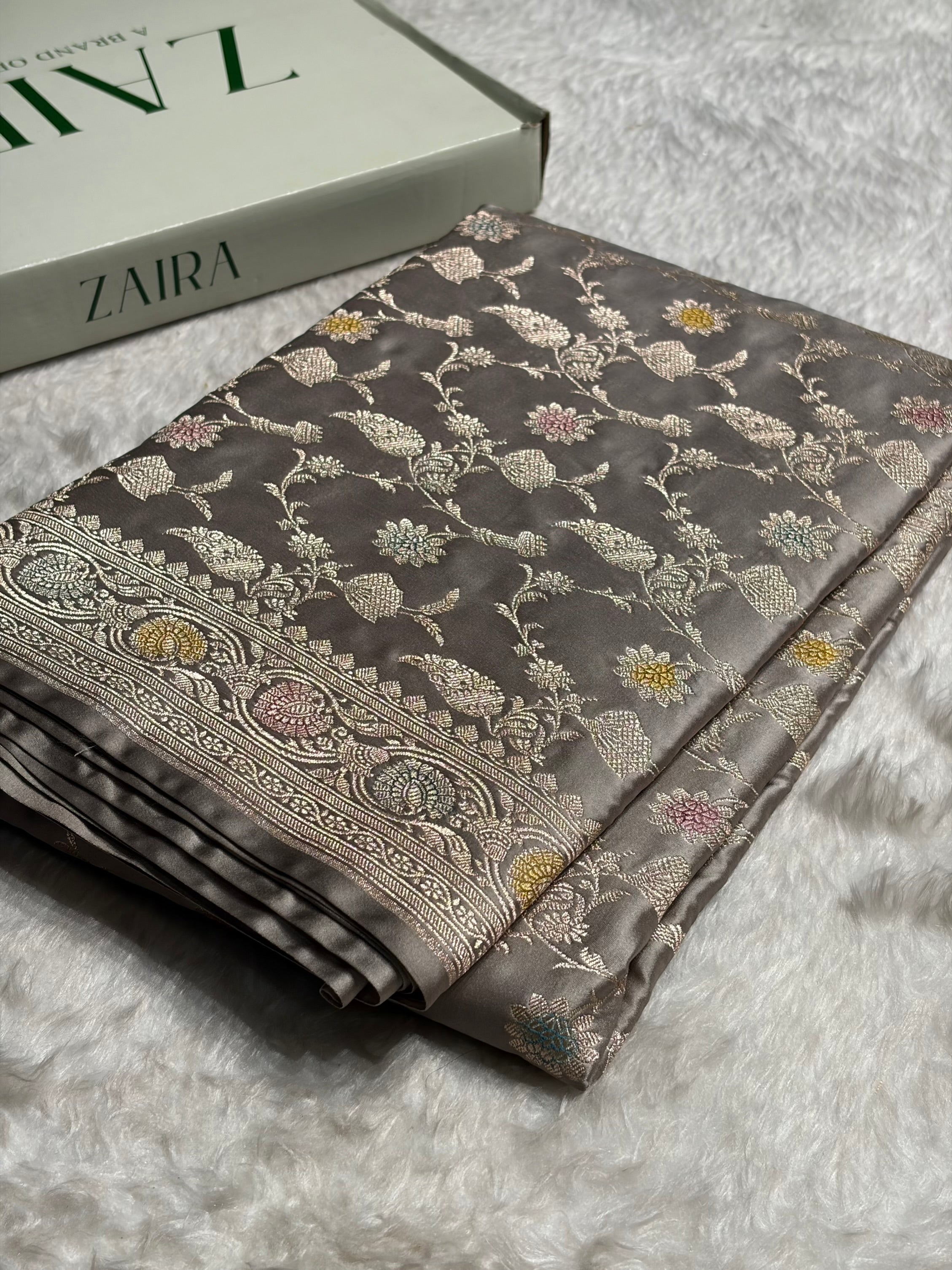 Gray Shades In Banarasi Minakari Jaal Mashru Silk Saree MS42