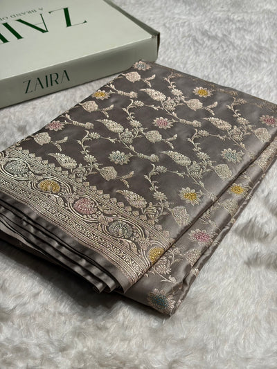 Gray Shades In Banarasi Minakari Jaal Mashru Silk Saree MCS42