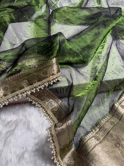 Mehandi Shades Pure Tissue Silk With Banarasi Swarovski Work Saree with Brocade Blouse BPGPT-09