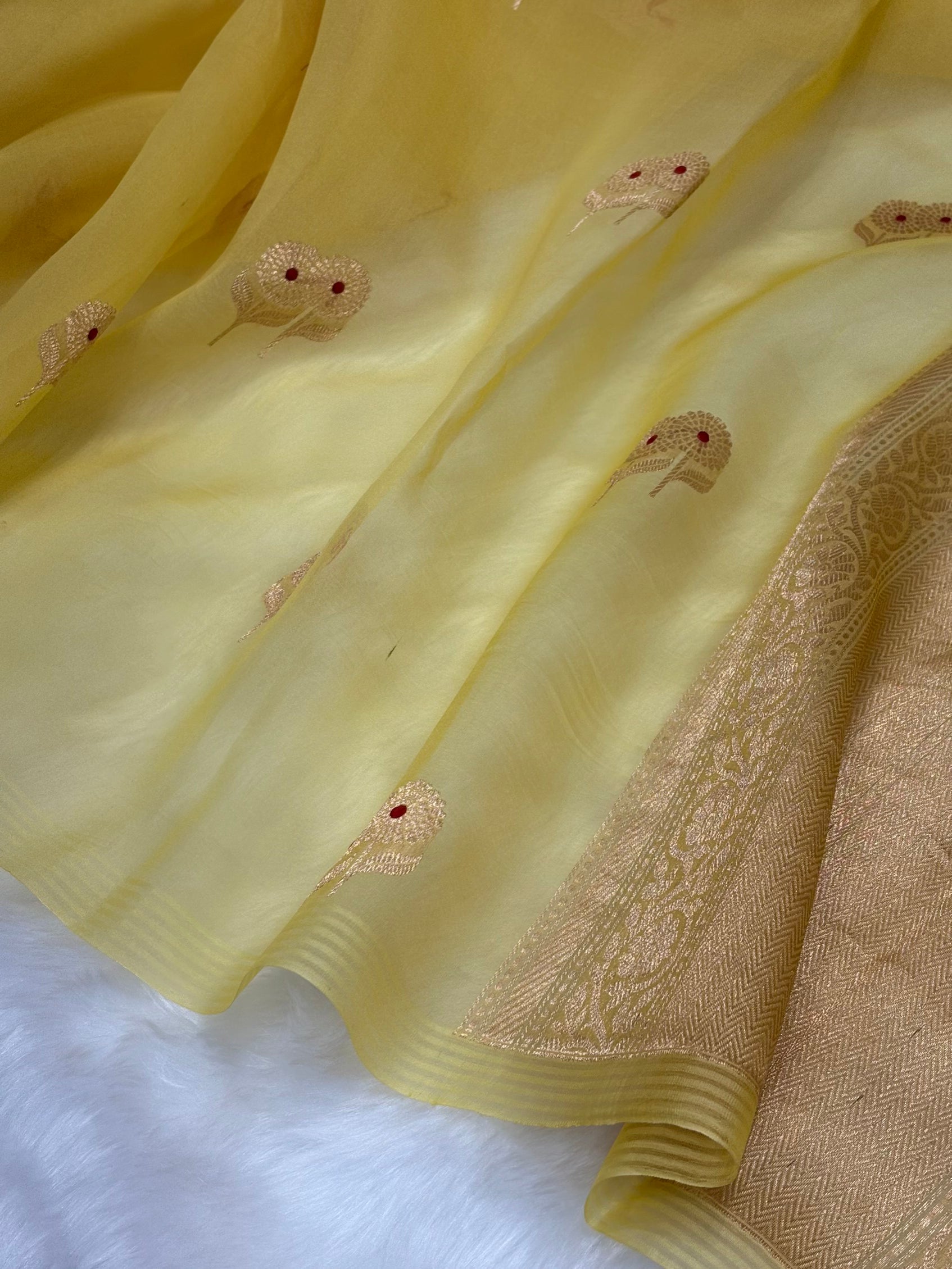Pure Organza Lemon Meena Floral Banarasi Silk Saree PO-05