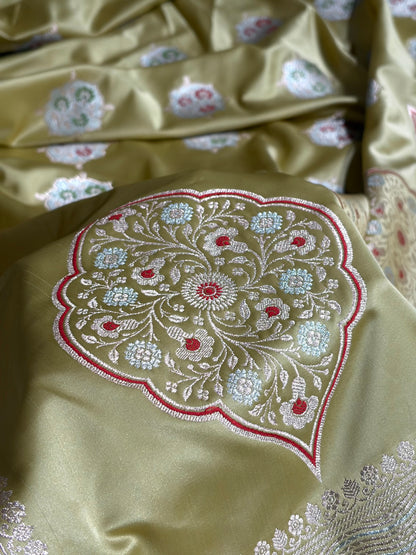 Premium Banarasi Satin Katan Saree Minakari Booti Pattern in Tusser Shades SK138