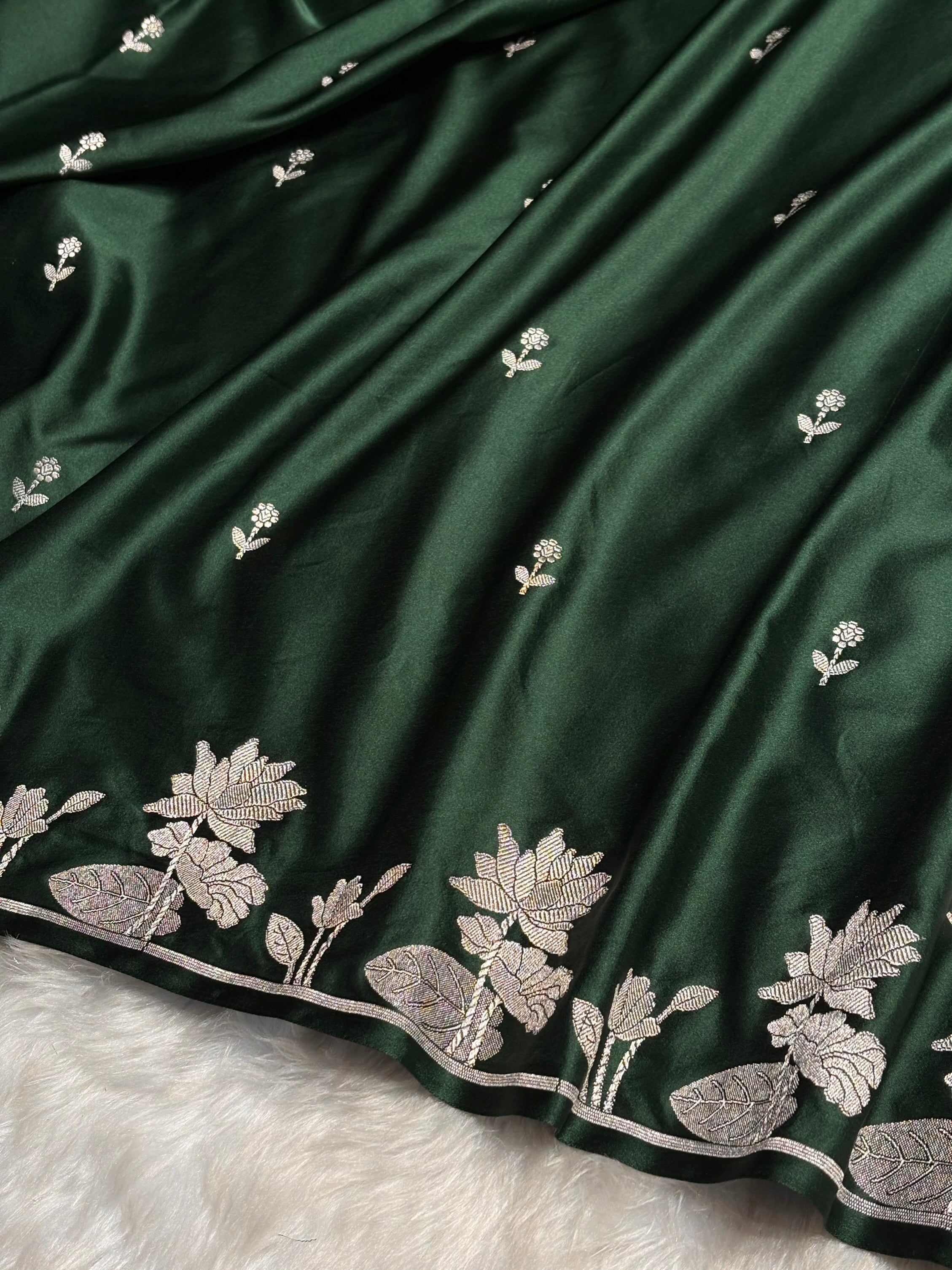 Dark Bottle Green Booti Motif Mashru Silk Saree