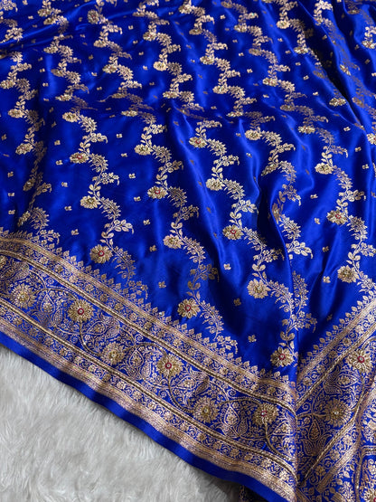 Banarasi Satin Katan Saree With Ari Zardozi Work Jaal Pattern in Royal Blue Shades BSK121