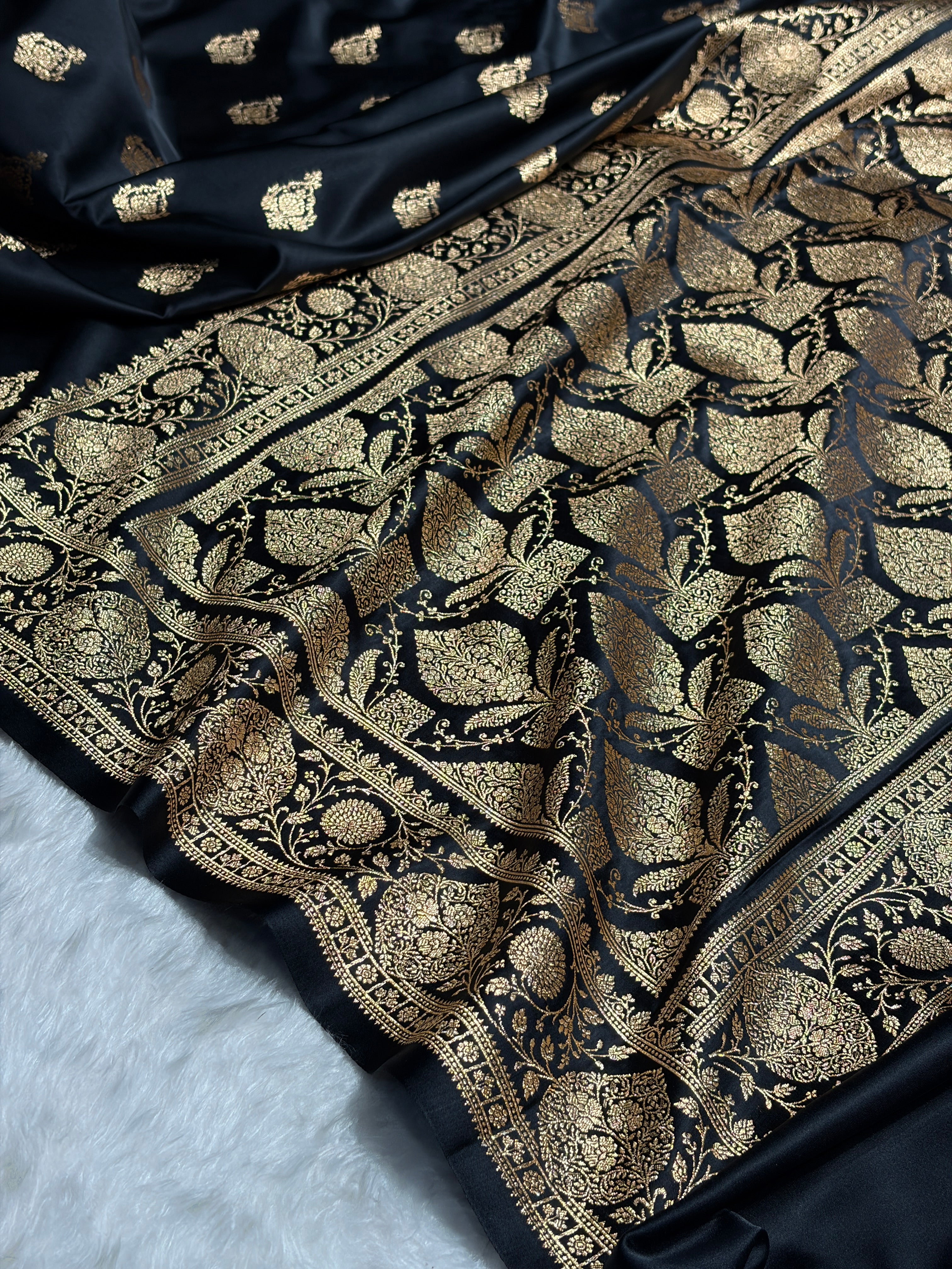 Banarasi Satin Katan Saree With Boota in Black Shades SK98