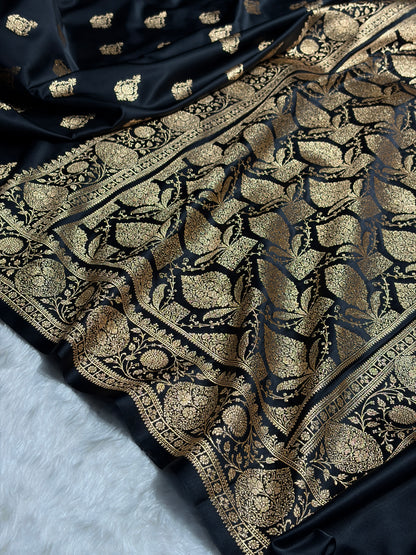 Banarasi Satin Katan Saree With Boota in Black Shades SK98