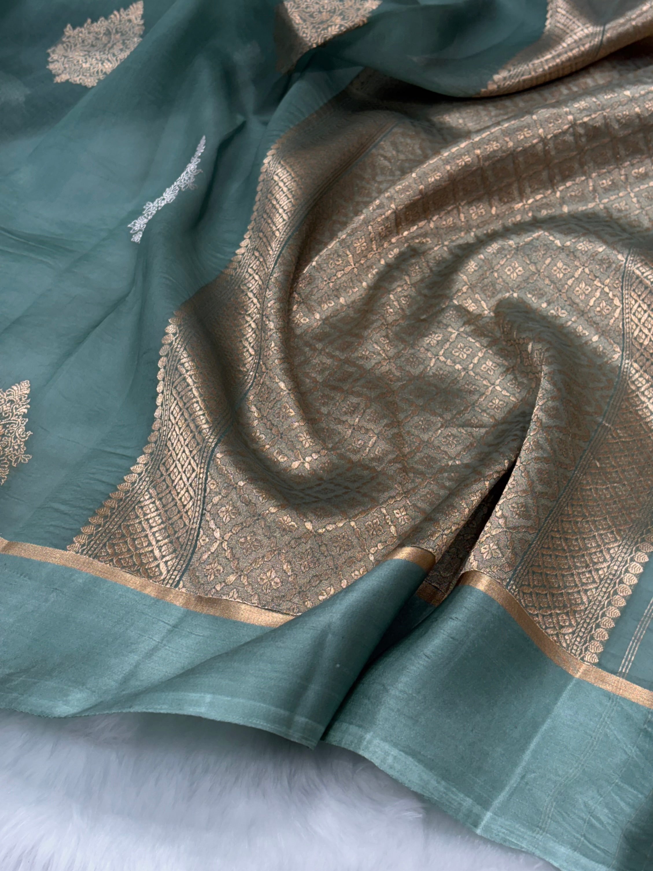Pure Organza With Raw Mango Border Mouse Gray Shades Banarasi Silk Saree PO-03