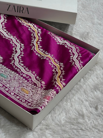 Banarasi Minakari Cross Pattern in Wine Shades Floral Mashru Silk Saree MCS93