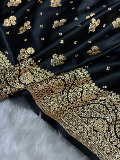 Banarasi Black Floral Unique Boota Pattern Satin Katan Silk Saree SK73