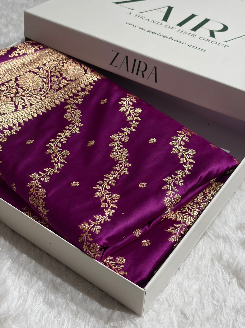 Banarasi Satin Katan Saree With Boota in Wine Shades SK108