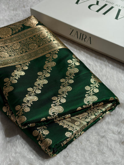 Banarasi Bottle Green Shades Cross Pattern Banarasi Satin Silk Saree SS51