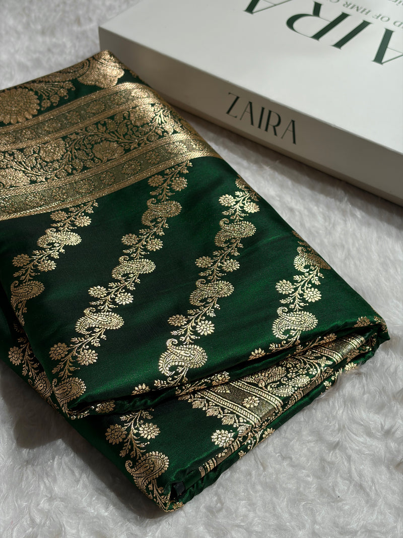 Banarasi Bottle Green Shades Cross Pattern Banarasi Satin Silk Saree SS51