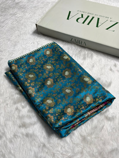 Firozi  - Rani Contrast Jamawar Tanchoi Jaal Katan Silk Saree SKTM-21