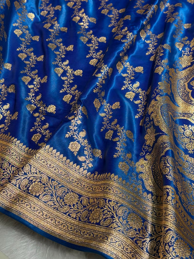Royal Blue Shades Banarasi  Cross Jaal Satin Silk Saree SS11