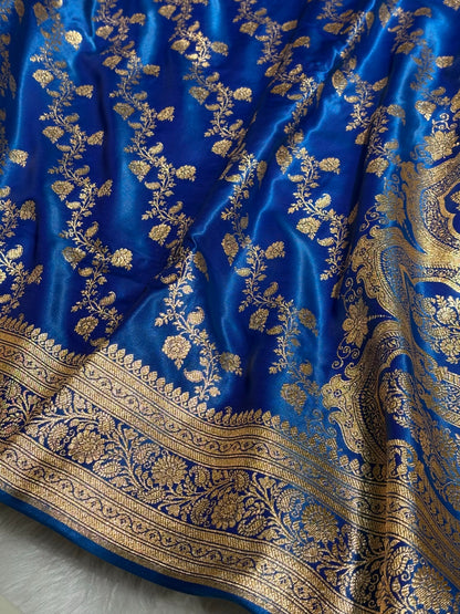 Royal Blue Shades Banarasi  Cross Jaal Satin Silk Saree SS11