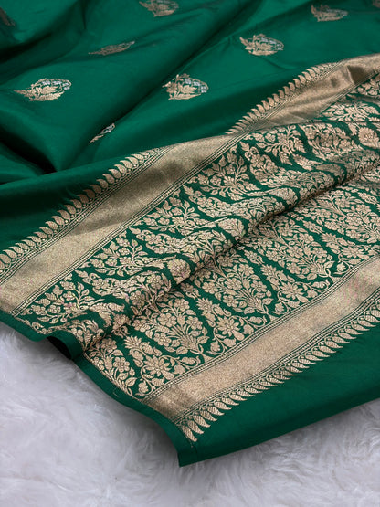 Banarasi Bottle Green Shades Minakari Boota Handwoven Pure Paper Silk Saree RM-92