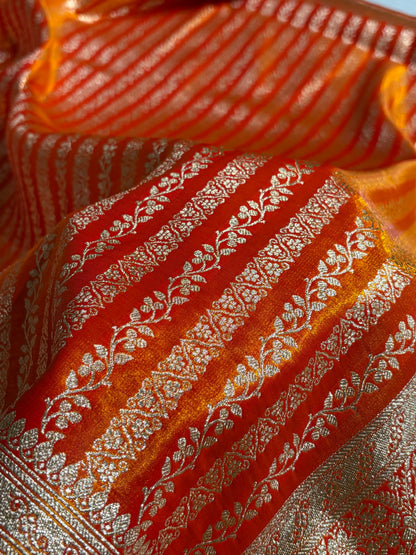 Fire Gold Shades Stripe Pattern Banarasi Satin Silk Saree SS46