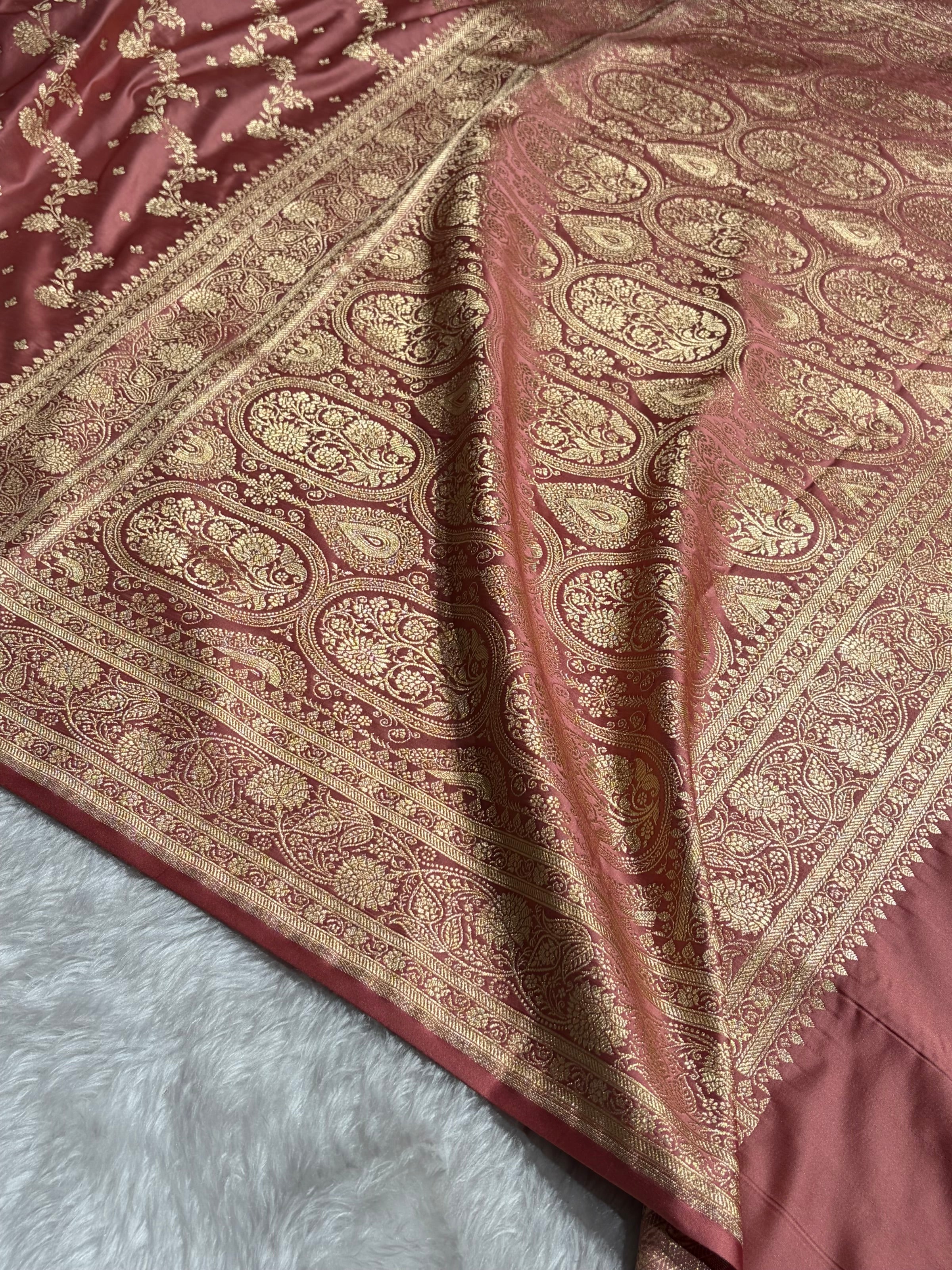 Banarasi Satin Katan Saree With Jaal Pattern in Peach Shades SK121