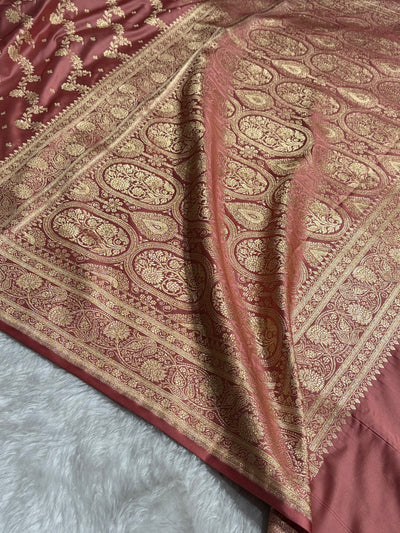 Banarasi Satin Katan Saree With Jaal Pattern in Peach Shades SK121