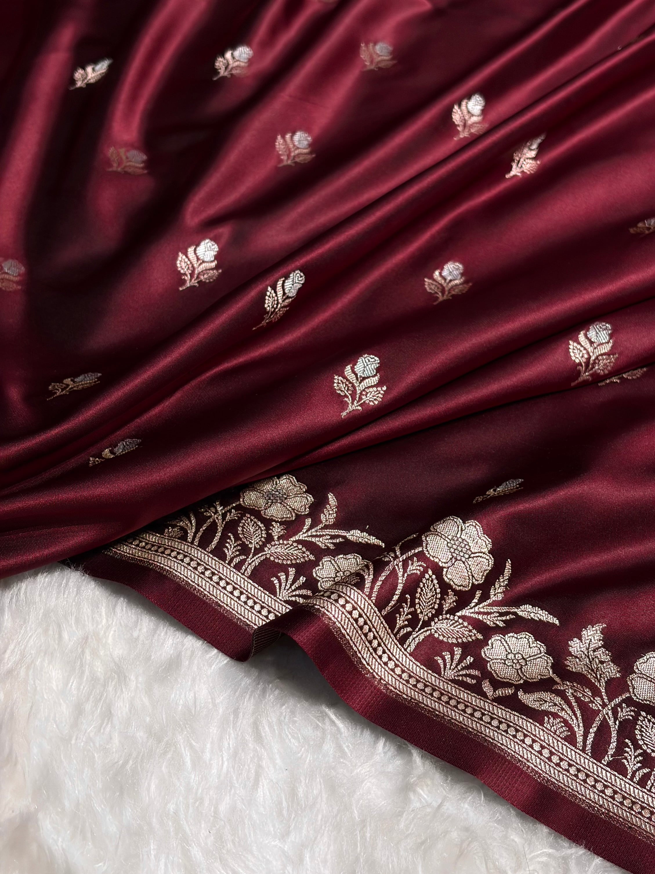 Garnet Boota With Floral Border Mashru Silk Saree MSM-85