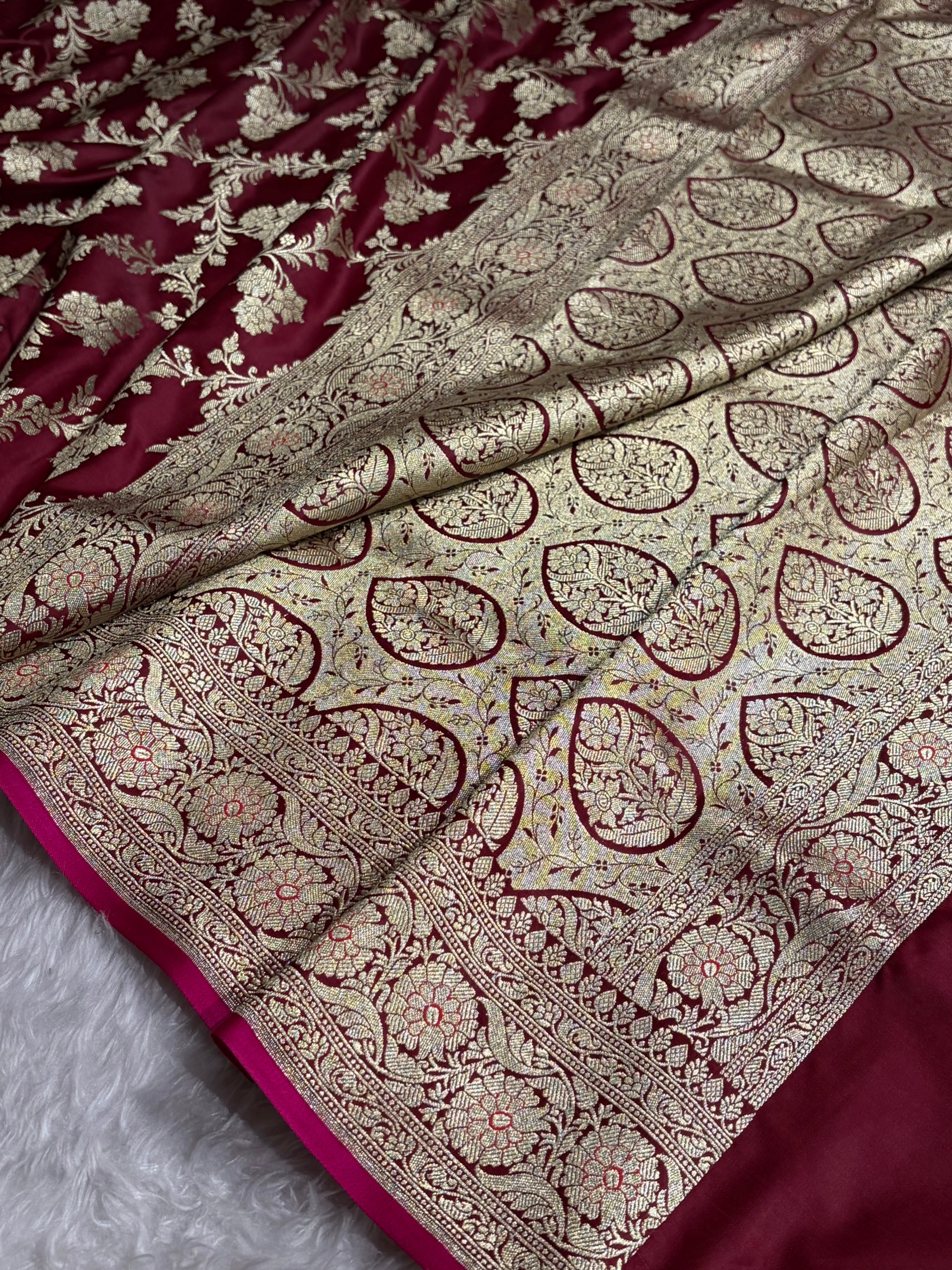 Banarasi Garnet Jaal Soft Katan Silk Saree