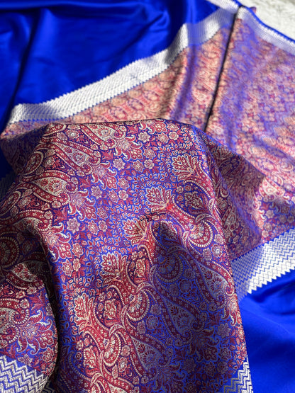 Premium Banarasi Satin Katan Saree Plain With Tanchoi Blouse in Royal Blue Shades SK129