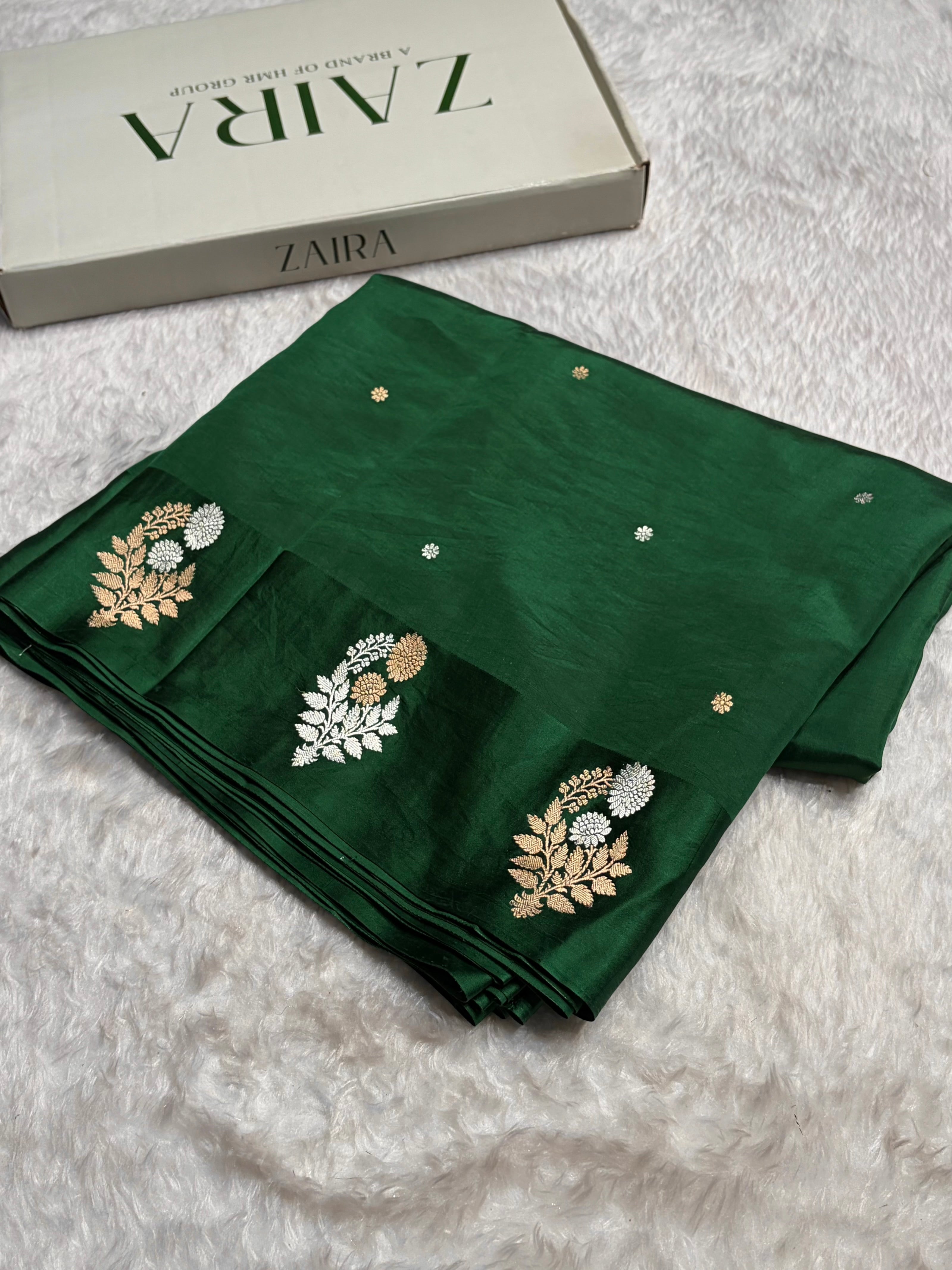 Bottle Green Shade Handwoven Kaduwa Pure Katan Raw Mango Silk RM-05