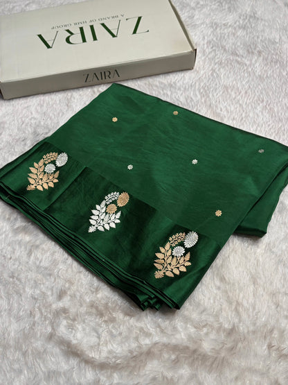 Bottle Green Shade Handwoven Kaduwa Pure Katan Raw Mango Silk RM-05