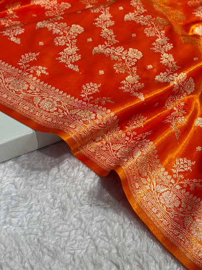 Satin Silk Saree Banarasi Cross with booti In Fire Gold Shades SS22