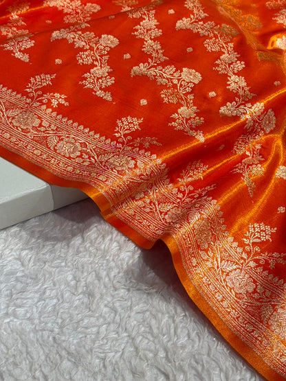 Satin Silk Saree Banarasi Cross with booti In Fire Gold Shades SS22