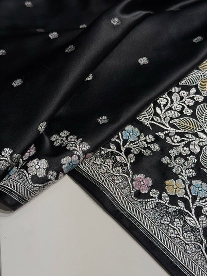 Black Shades Minakari Floral Border Booti Mashru Silk Saree MS75
